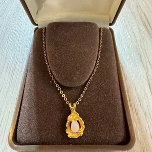 Vintage 1980 Ronte' of Hollywood 14k Gold Vermeil Genuine Opal Necklace 9” Chain - Picture 1 of 10