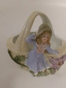 Vintage Ceramic Basket With Girl 6 Inches - Picture 1 of 7