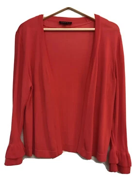 Maggie T Watermelon Orange Tight Knit Cardigan Frill Sleeve Size L - image 1 of 4