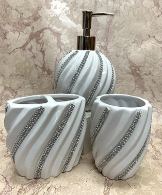 NEW! BELLA LUX 3Pc.Bathroom Accessory Set White Swirl With Crystals Rhinestones - Image 1 of 4