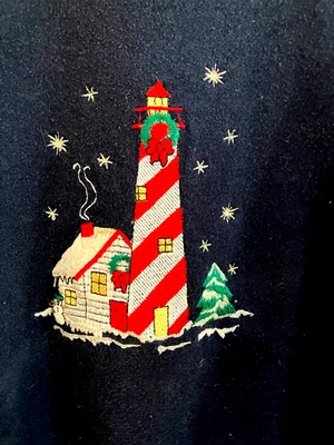 FESTIVE  NAVY CHRISTMAS LIGHTHOUSE PEANUT BUTTER & JELLY SIZE LARGE SWEATSHIRT - Image 1 of 4