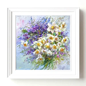 Blumenstrauß Narzissen Original Ölgemälde Frühling Blumen Kunst 10х10 Zoll - Bild 1 von 8