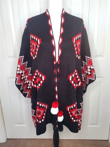 Boho Gypsy Aztec Tribal Knit Poncho Cardigan Wrap Sweater w/Arm Holes One Size - Picture 1 of 17