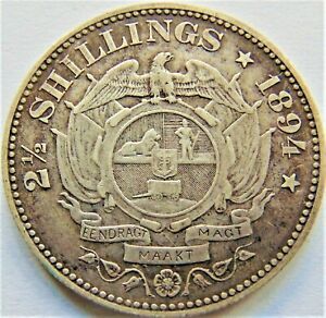 1894 ZAR SOUTH AFRICA, Kruger silver 2 1/2 Shillings grading VERY FINE.