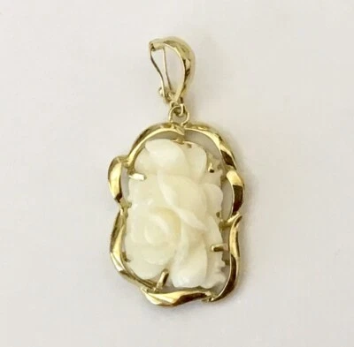 Genuine Natural White Coral Hand Carved Flower  14K Yellow Gold Pendant Enhancer - Image 1 of 4