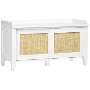 Wood Entryway Shoe Bench with Storage Cabinet Rattan Sliding Doors Hallway Seat - Picture 1 of 11