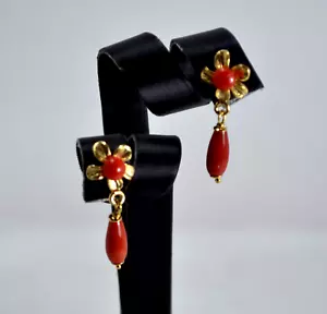 ORECCHINI ARGENTO 925 DORATO CORALLO ROSSO FIORI E PENDOLI AGHT 0910 - Foto 1 di 3