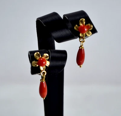 ORECCHINI  ARGENTO 925 DORATO CORALLO ROSSO FIORI E  PENDOLI           AGHT 0910 - Immagine 1 di 3