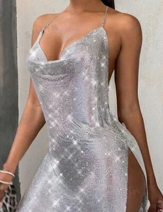 Halter Deep V Neck Sexy Dress Side Slit Baddie Sexy Fashionable Dress Silver Med - Picture 1 of 10