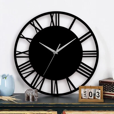 Roman Numerals Skeleton Wall Clock Silent Non Ticking Clock Open Face Round 30cm - Image 1 of 4