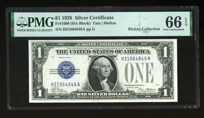 DBR 1928 $1 Silver Gem Fr. 1600 HA Block PMG 66 EPQ Serial H31864849A - Image 1 of 2