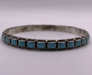 Native American Square Turquoise Single Row Sterling Silver Cuff Bracelet 21.6g - Picture 1 of 5