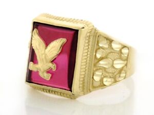 10k or 14k Solid Yellow Gold Mens Simulated Ruby Eagle Ring