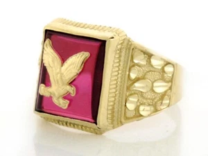 10k or 14k Solid Yellow Gold Mens Simulated Ruby Eagle Ring - Picture 1 of 6