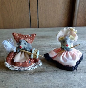 Vtg Pair Original Fur Toys Mouse Mice West Germany Girls Fancy Dresses Brooms - Picture 1 of 6