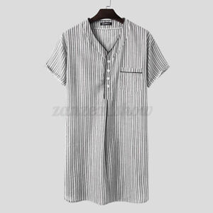 Mens Short Sleeve Cotton Striped Nightshirt Sleepwear Homewear Loungwear Robe US