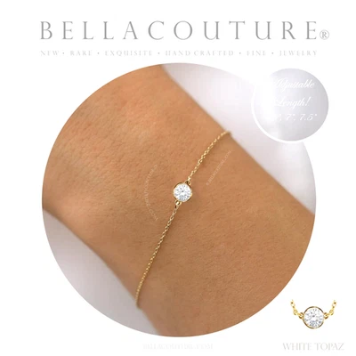 $495 NEW 14K YELLOW GOLD 5MM WHITE TOPAZ TENNIS 585 CHAIN PENDANT CHARM BRACELET - Image 1 of 4