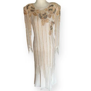 Vintage Oleg Cassini Seide Perlen Kleid Gr. 6 - Ivory Rose Pailletten Kleid 1980er Glam - Bild 1 von 15