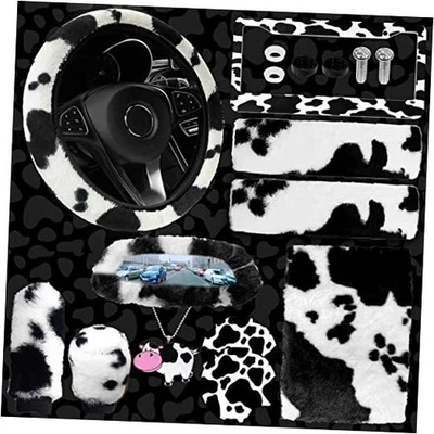 11 Fluffy Car Accessories Set, Fluffy Cow Print Plush Steering Wheel black - Image 1 of 4