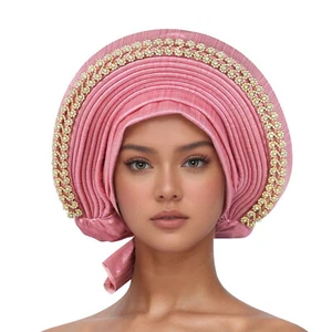 Women Hijab Cap Aso Oke African Headtie Auto Gele Nigerian Wedding Hat Head Wrap - Picture 1 of 34
