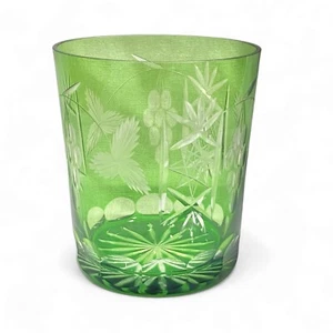 Hortensia Green Cut To Clear 4” Low Ball Whiskey Glass Poland   - Picture 1 of 7