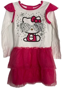 Hello Kitty Pink White Dress Size 4 GlitterGraphic Front Tutu Skirt Long Sleeves - Picture 1 of 12