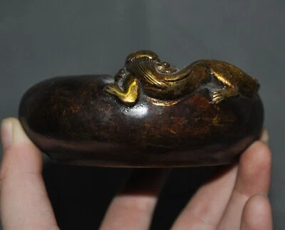 4" Antiguo Chino Antiguo Bronce Dorado Exorcismo Bestia Pluma Lavado Cenicero Estatua Foto 1 de 4