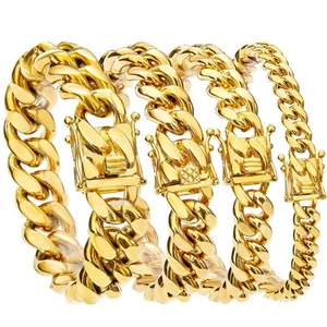 Gold Cuban Link Chain Necklace or Bracelet with Design Box Clasp for Men 18K ... - Picture 1 of 7