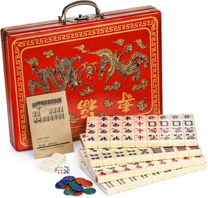 Chinesisches Mahjong Spiel Set mit 146 großen Spielsteinen (1,4", Elfenbein), 2 Würfeln und rotem Tragen - Bild 1 von 7