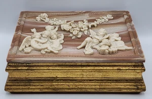 Vintage Wood & Incolay Stone Jewelry Box Florentine Cherubs Flowers READ BLUE - Picture 1 of 24