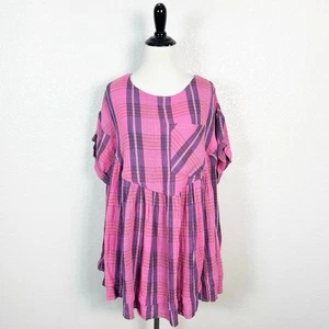 Free People Women’s We The Free Moon City Oversized Boho Plaid Top Pink Small - Picture 1 of 12