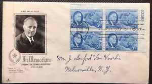 FRANCOBOLLO US SCOTT 933 "Roosevelt" 5 CENT 1946 BLOCCO DI 4 FDC - Foto 1 di 1