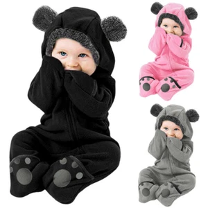 Newborn Baby Boys girls Fleece Jumpsuit Hooded Romper Winter Warm Coat Outwear - Picture 1 of 18