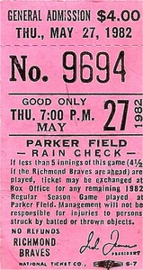 1982-5-27 Richmond Braves V?? Boleto BB de ligas menores - Imagen 1 de 1