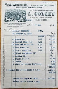Wines & Spirits 1926 Rennes, France Letterhead: L. Colleu, Vins & Spiritueux - Picture 1 of 1