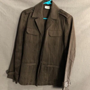 chicos 0 jacket silk linen brown military 17.5" bust chocolate dark matte aa - Picture 1 of 11