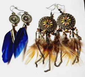 #3 - 2 Pair Long Bronze Feather & Beads. Women's Fashion Earrings - Picture 1 of 7
