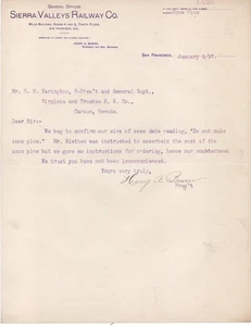 Carta de 1897 de la Compañía Ferroviaria de Sierra Valles al Ferrocarril V&T - Imagen 1 de 1