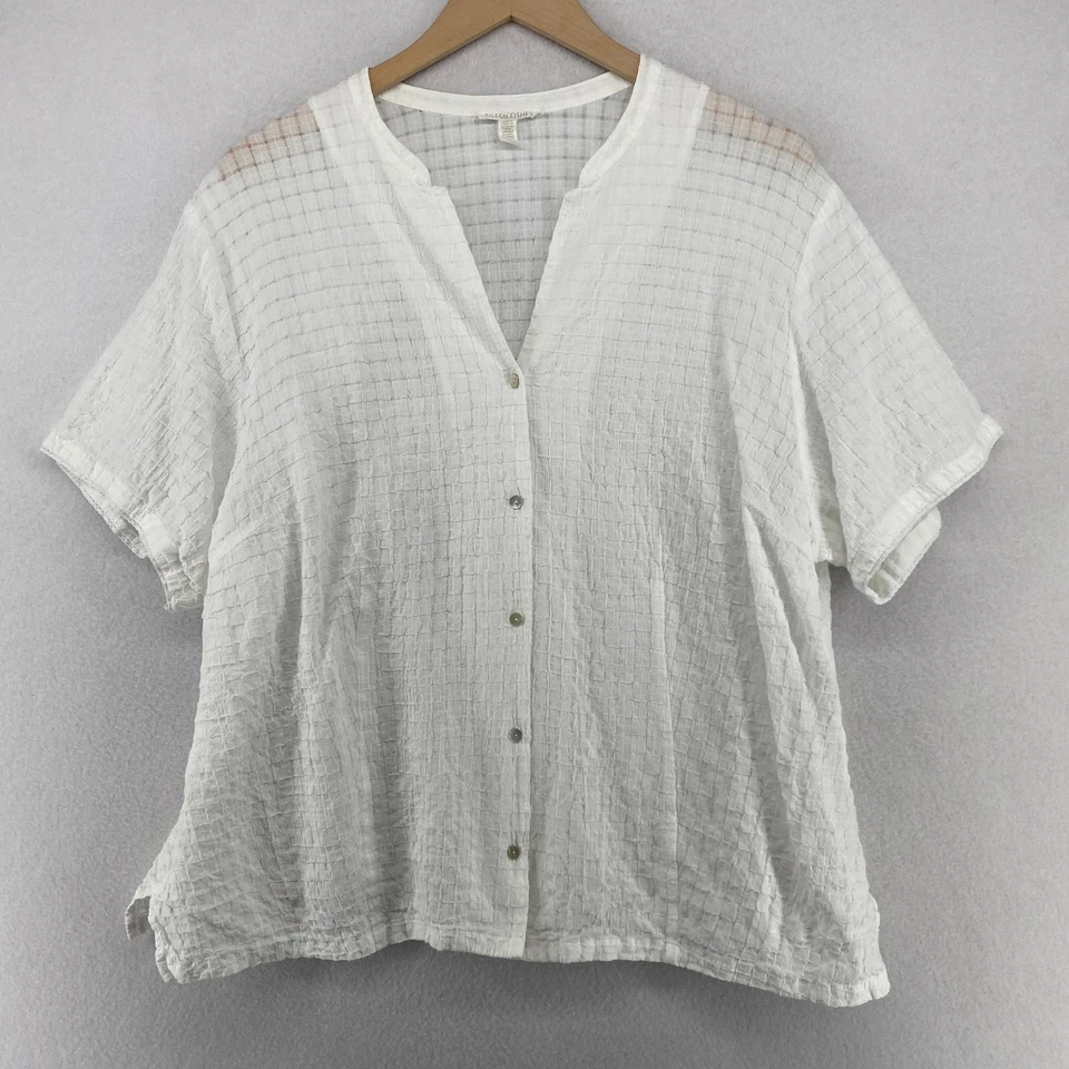 EILEEN FISHER Top 1X Caja Algodón Orgánico Voile Cuadrado Botón Manga Corta Blanco Foto 1 de 4