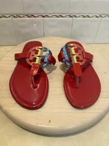 Tory Burch Miller-Sandalen rot Regenbogen Lackleder Logo Medaillon Größe 8 - Bild 1 von 6
