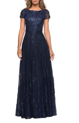 La Femme 27837 Gown Maxi Dress Size 10 Navy Sequined Lace A-Line NEW $498 - Изображение 1 из 4