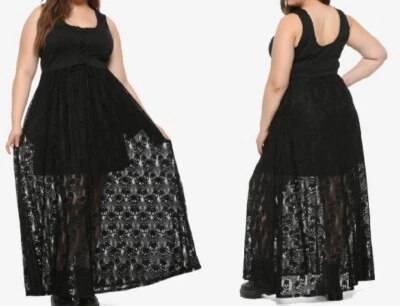 NWT Hot Topic 4 4x Dress Black Lace-Up Skull Lace Maxi Dress Plus Size Goth Vamp - Image 1 of 4