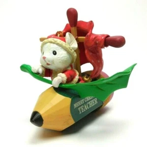 Vintage 1992 Teacher Christmas Ornament Mouse in Pencil Plane New in Box - Picture 1 of 9
