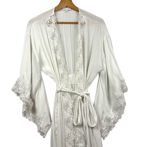 Eileen West Damen Gr. S/M Santorini Satin Wickel langer Morgenmantel weiß Kimonoärmel - Bild 1 von 15