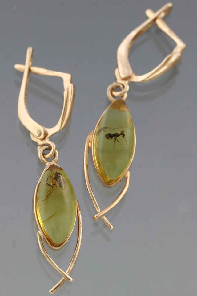 Pendientes colgantes genuinos ámbar báltico oro 14k insectos fósiles 2,4 g 191127-3 Foto 1 de 3