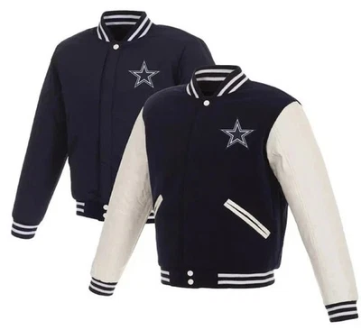 Dallas Cowboys Reversible  Wool Jacket with Faux Leather Sleeve full Embroidery - Image 1 of 4