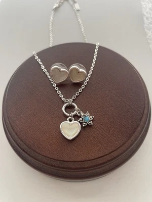 Vintage Napier Mother Of Pearl Necklace Stud Earrings Set Silver Plated Heart - Image 1 of 4