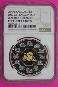 Rare Top Pop 2000 PF 70 Gilded Canada $15 Proof Year Of The Dragon Lunar NGC 185 - Picture 1 of 3