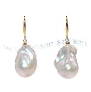 15-22mm Natural South Sea White Baroque Pearl Repaired Back Dangle Hook Earrings - Picture 1 of 11
