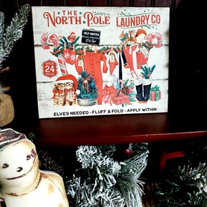 OLD COLONIAL VINTAGE PRIMITIVE STYLE CHRISTMAS NORTH POLE LAUNDRY CO SANTA SIGN - Picture 1 of 10